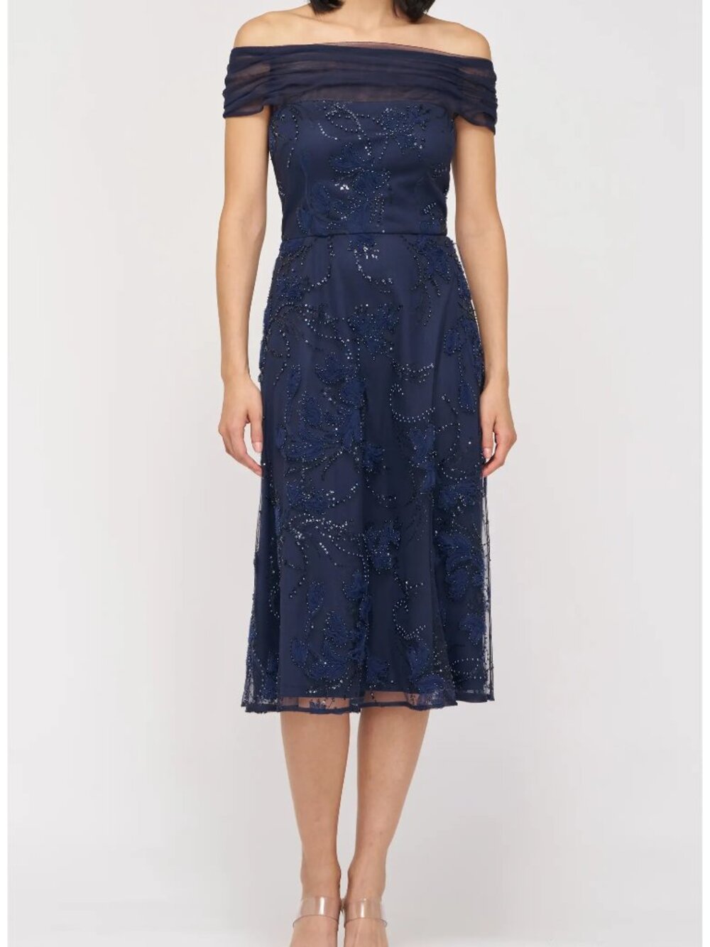 JS Collections Navy Blue Gemma Beaded Floral Off the Shoulder Dress